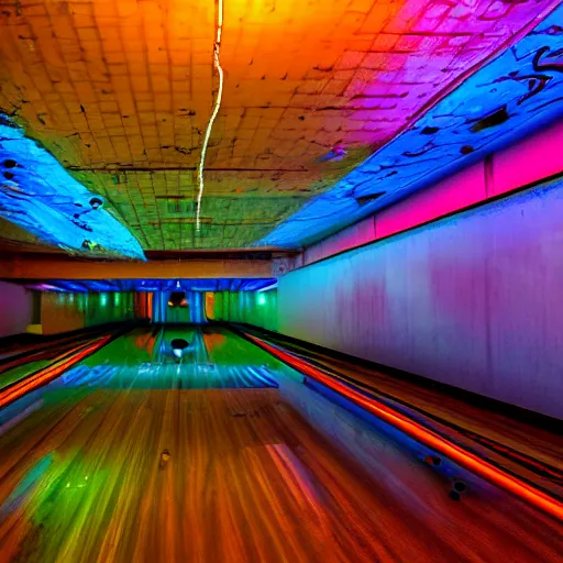 Image similar to abandoned haunted bowling alley with neon lights