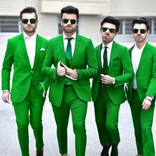 Prompt: 4 handsome men wearing green suits