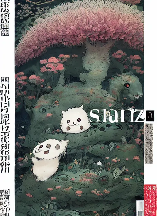 Image similar to a beautiful japanese magazine cover of a cute strange animal, illustrated by miyazaki, highly detailed, concept art, trending, poster