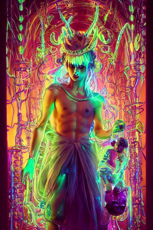 Prompt: full-body rococo and cyberpunk delicate neon crystalline sculpture of ((muscular albino prince Zayn Malik)) as an iridescent humanoid deity wearing a thin see-through ((plastic hooded cloak)) (holding a human skull) in a neon castle dungeon, reclining con (((las piernas abiertas))), glowing pink face, crown of (white lasers), large diamonds, swirling black silk fabric. futuristic elements. oozing glowing liquid, full-length view. space robots. intricate artwork by caravaggio. Trending on artstation, octane render, cinematic lighting from the right, hyper realism, octane render, 8k, depth of field, 3D