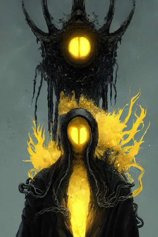 Image similar to A full body portrait of a mysterious character with no face with a very long hooded yellow cloak, a golden crown floating above his head tentacles coming out the ground art by Maciej Kuciara and Jason Chan, ominous, cosmic horror, trending on artstation, Ultra detailed, hyper realistic 4k