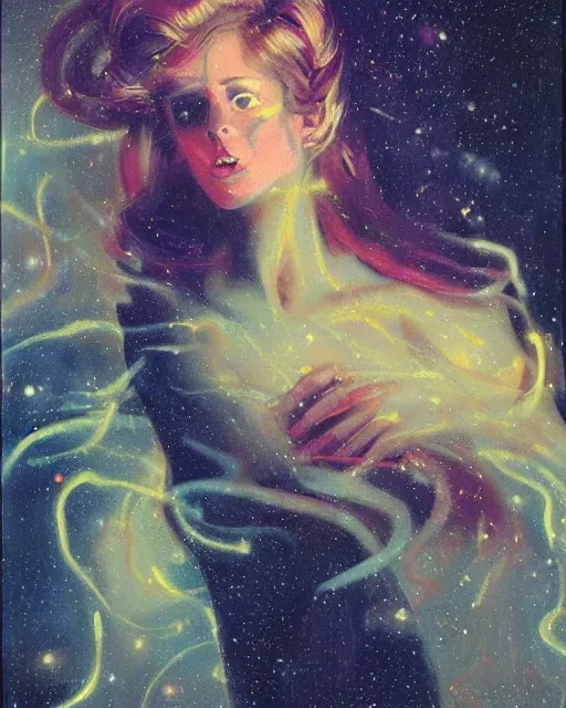 Prompt: a beautiful and eerie baroque painting of a gorgeous young woman in dead space, with wild blonde hair and haunted eyes, 1 9 7 0 s, space station, neon light showing injuries, delicate ex embellishments, painterly, offset printing technique, by brom, robert henri, walter popp