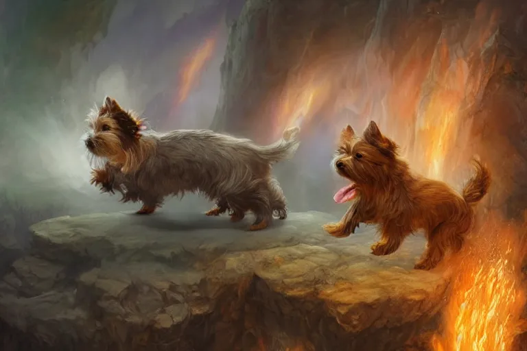 Image similar to an intricate colorful matte painting of a yorkshire terrier puppy fighting a wizard, by Christophe Vacher and Bastien Lecouffe-Deharme, trending on artstation