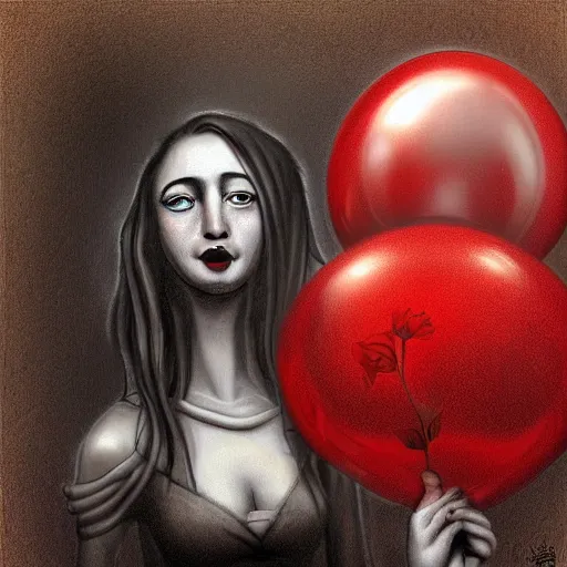 Image similar to surrealism grunge cartoon portrait sketch of a flower with a wide smile and a red balloon by - michael karcz, loony toons style, mona lisa style, horror theme, detailed, elegant, intricate
