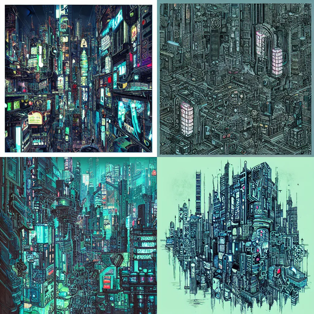 Prompt: “an intricate cyberpunk city, dotart in the style of James Jean”