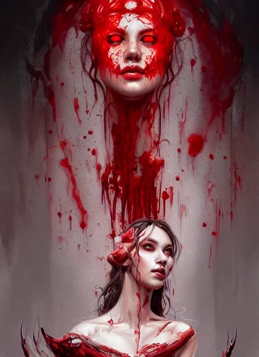 Image similar to portrait of a beautiful demon in a flowing dress made of blood, carving glowing bloody runes into a profane altar, intricate, elegant, highly detailed, digital painting, artstation, concept art, smooth, sharp focus, illustration, art by wlop, mars ravelo and greg rutkowski