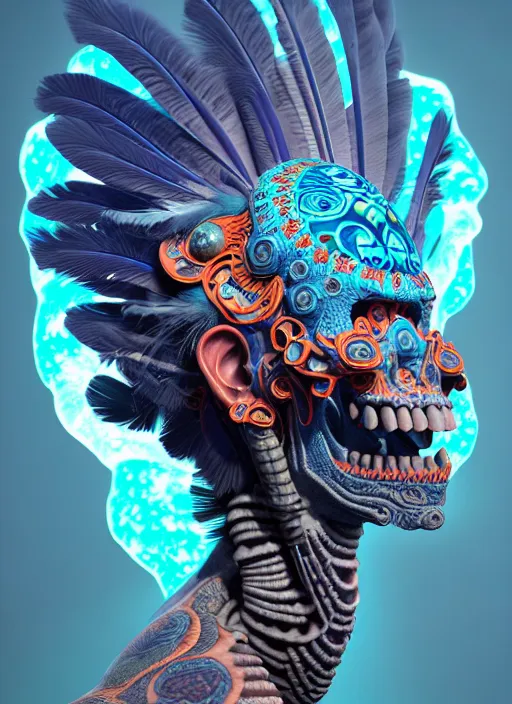 Image similar to 3 d shaman with tattoos profile portrait, sigma 5 0 0 mm f / 5. beautiful intricate highly detailed quetzalcoatl skull and feathers. bioluminescent, plasma, lava, ice, water, wind, creature, thunderstorm! artwork by tooth wu and wlop and beeple and greg rutkowski, 8 k trending on artstation,