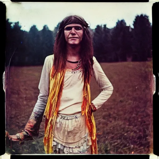 Prompt: 1970s hippie at Woodstock, daguerreotype photo, HD