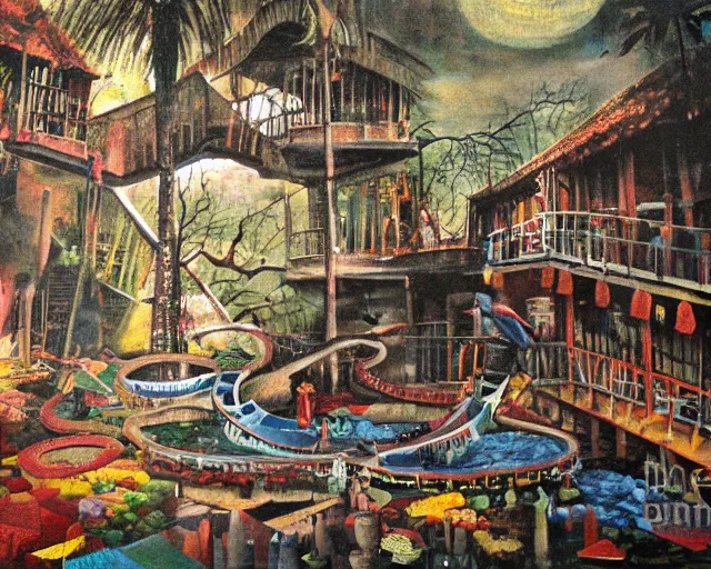 Prompt: high quality, high detail painting, dutch masterpiece, fluxus, film noir, ernst haekl, empty scene in las pozas with quetzalcoatl at night, hd, muted lighting, cut up collage