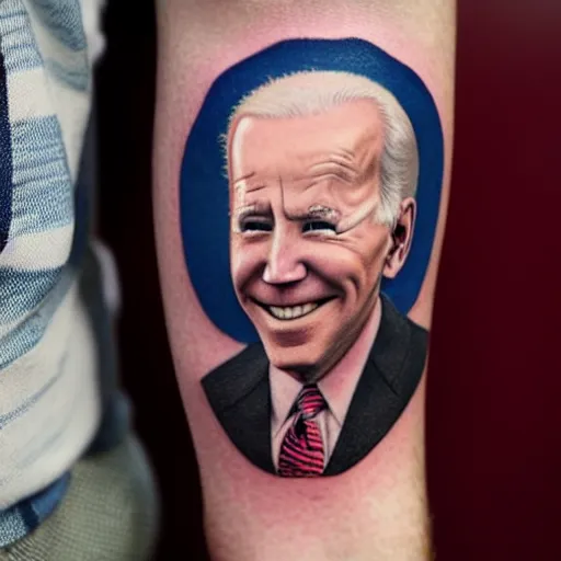 Prompt: tattoo of Joe Biden printed on a man’s arm