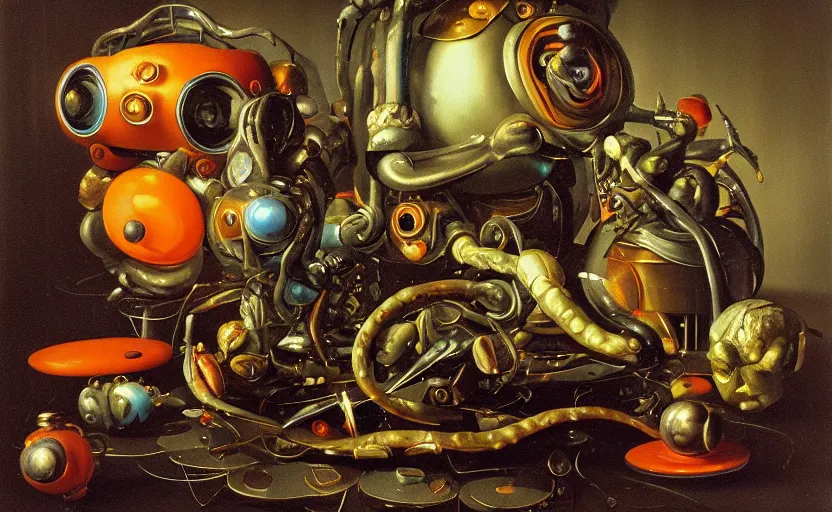 Image similar to strange seductive futuristic robot body, enticing colorful oil painting dutch golden age vanitas alluring still life sparse composition with bulbous objects strange gooey transparent surfaces shiny torrid metal reflections bizarre mutant meat insects rachel ruysch dali todd schorr very detailed perfect composition rule of thirds masterpiece canon 5 0 mm, cinematic lighting, photography, retro, film, kodachrome