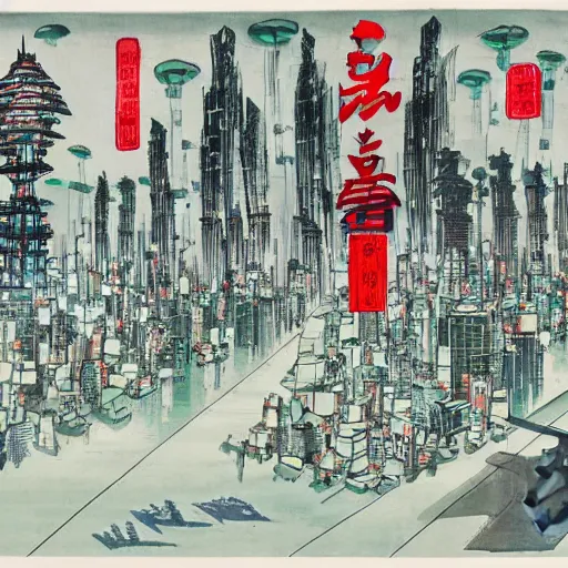 Prompt: cyber alien city, style by qi baishi