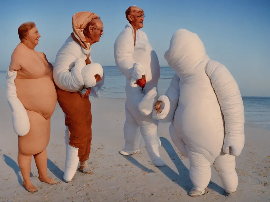 Image similar to a martin parr photo of a grandpa couple, wearing michelin man costumes in a beach, sunrise, 1 9 7 0 s kodachrome colour photo, flash on camera,