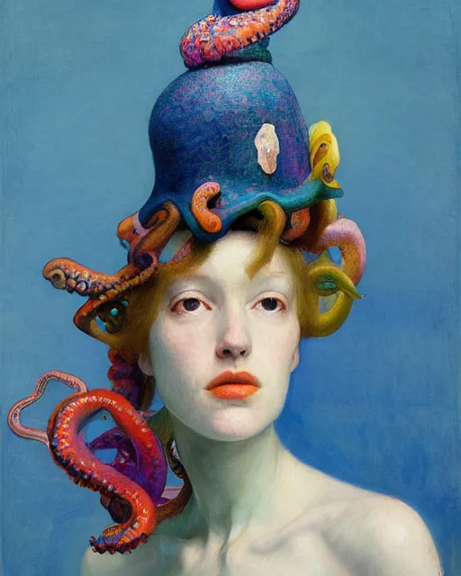 Image similar to a beautiful girl wearing a colourful octopus as a hat, painted by edgar maxence, edward hopper, wayne barlowe and james gilleard, airbrush, art by jamesjean