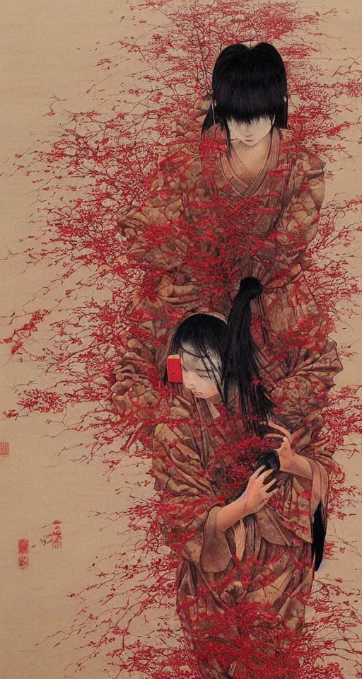 Image similar to Japanese schoolgirl runs away from Samurai with a katana on the subway, high detailed Beksinski painting, part by Adrian Ghenie and Gerhard Richter. art by Takato Yamamoto. masterpiece, deep colours, red