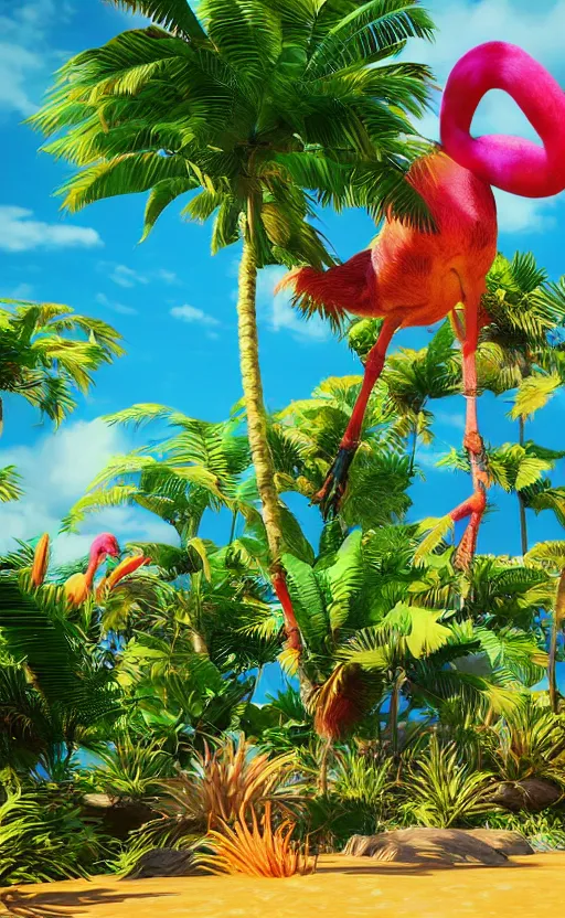 Image similar to unreal engine 5 8 k uhd render of an flamingocore tropicalwave junglepunk abstrafractalmancer, photorealistic, animal photography, photo safari, fashion shoot, lush tropical surroundings, volumetric lighting, sunlight, 1 0 5 mm lens