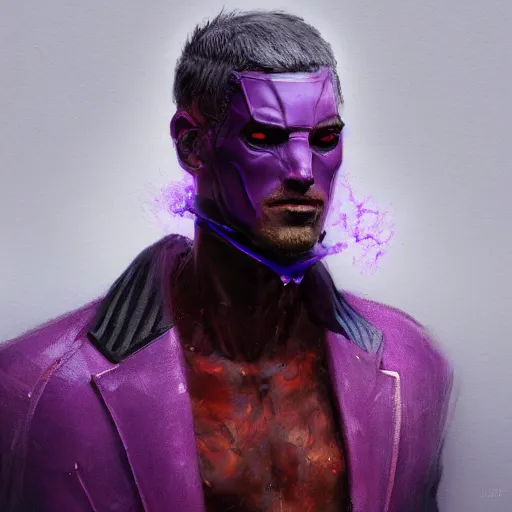 Prompt: character design sketch humanoid by ahmet atil akar, profile portrait, cyberpunk street goon, concept art character, cyberpunk fashion, with body made of purple lava and fire, marvelous designer, royalty, smooth, sharp focus, organic, deep shadowsby jerad marantz, hyperrealistic oil painting, 4 k, studio lightning