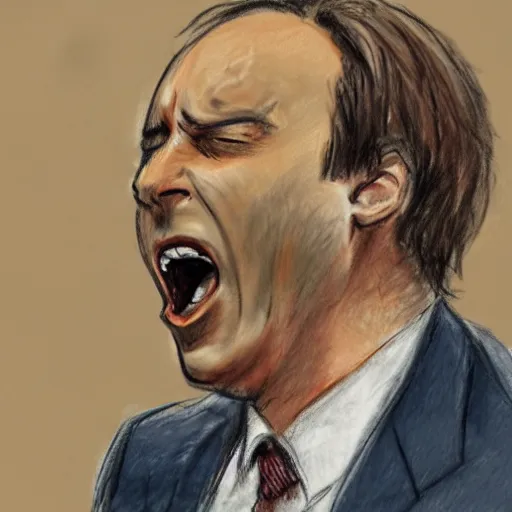 Prompt: saul goodman screaming, courtroom sketch