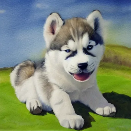 Image similar to cute,adorable,happy,huskie puppy, watercolor