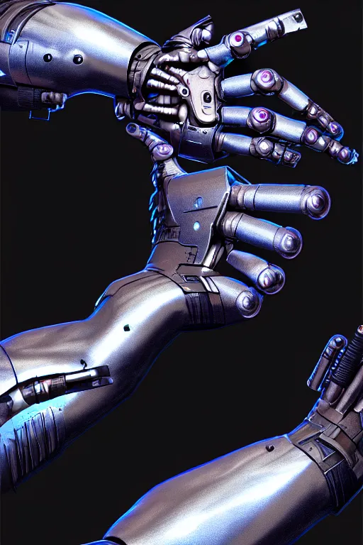 Image similar to a cyberpunk dark metallic arm prosthesis realistic proportions, electric, close look, anatomically correct hand and fingers, sci - fi, rpg, digital painting, artstation, concept art, smooth, 8 k frostbite 3 engine, ultra detailed