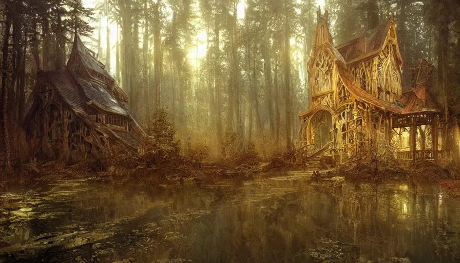 Prompt: a beautiful intricate painting of a abandoned log church in dark evil fantasy forest, reflections, very high details by william turner art, greg rutkowski and alphonse mucha, trending on artstation, very very detailed, masterpiece,