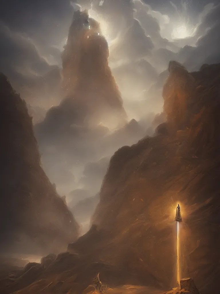 Prompt: tarot card of a tower in a dune sea by Peter Mohrbacher, fantasy, moody lighting, rocky cliffs