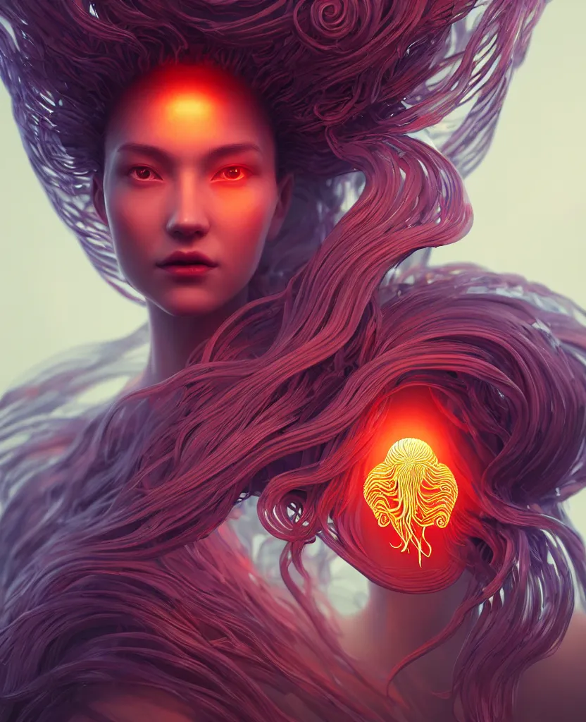 Image similar to goddess portrait. jellyfish phoenix head. intricate artwork by Tooth Wu and wlop and beeple. octane render, trending on artstation, greg rutkowski very coherent symmetrical artwork. cinematic, hyper realism, high detail, octane render, 8k