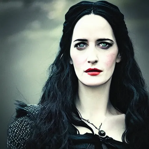Image similar to “a portrait of Eva Green dressed as Yennefer from the Witcher”