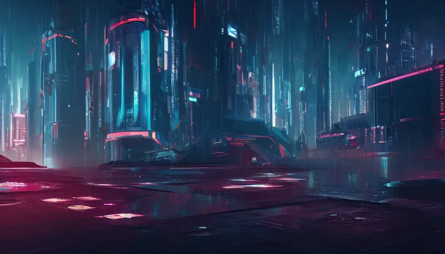 Image similar to concept art of a futuristic dark cyberpunk distopia with reflections, rendering in octane and redshift