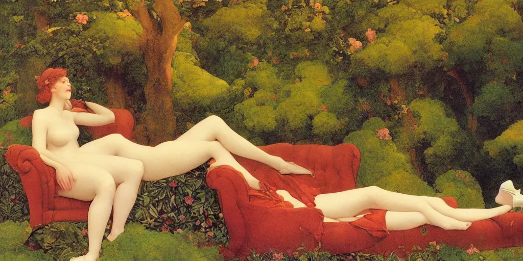 Image similar to a woman and a dryad lounging on a edwardian couch, style of maxfield parrish,