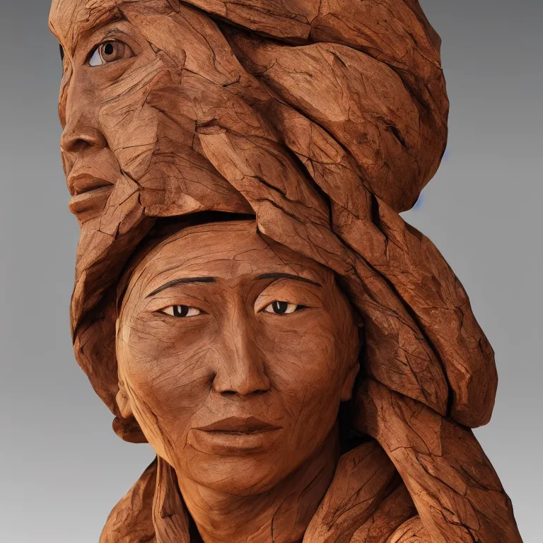 Prompt: public sculpture minimalist portrait of a powerful navajo woman, beautiful symmetrical face accurate face detailed face realistic proportions, carved out of juniper wood on a pedestal by stephan balkenhol and martin puryear, hyperrealistic dramatic lighting shocking detail trending on artstation 8 k