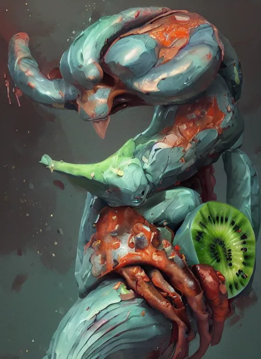 Prompt: semi reallistic gouache gesture painting, by yoshitaka amano, by ruan jia, by Conrad roset, by dofus online artists, detailed anime 3d render kiwi fruit alien monster, kiwi fruit terrible alien monster, antrophomorfic kiwi fruit , portrait, cgsociety, artstation, rococo mechanical, Digital reality, sf5 ink style, dieselpunk atmosphere, gesture drawn