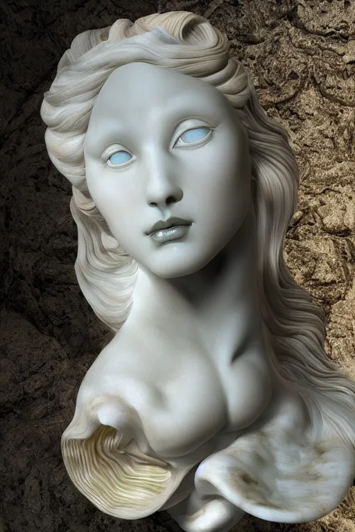 Image similar to Marble Sculpture of Aphrodite rising out of the sea in a clam shell, photorealistic, volumetric lighting, inspired by The Birth of Venus by Sandro Botticelli, trending on artstation.