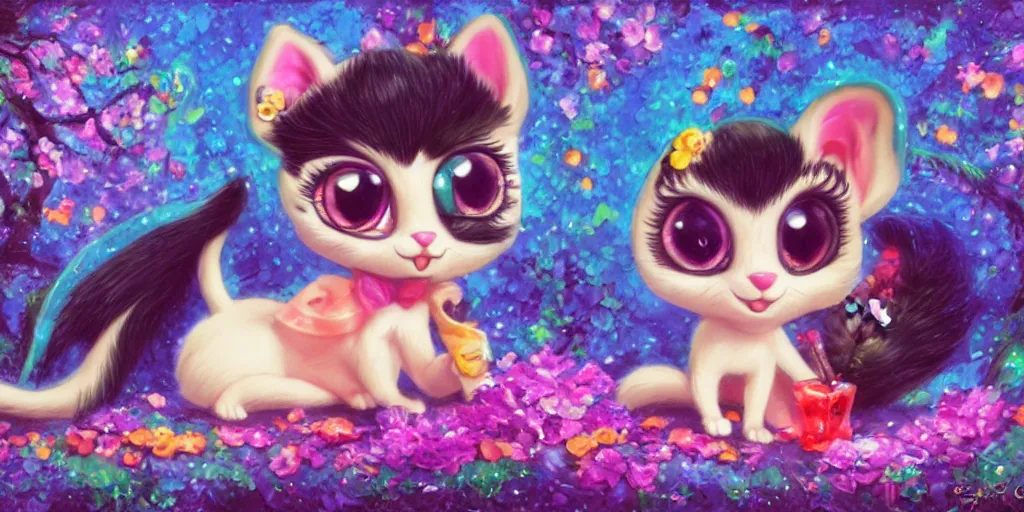 Image similar to 3 d littlest pet shop cat, lacey accessories, glittery wedding, ice cream, gothic, raven, rainbow, smiling, forest, moon, master painter and art style of noel coypel, art of emile eisman - semenowsky, art of edouard bisson