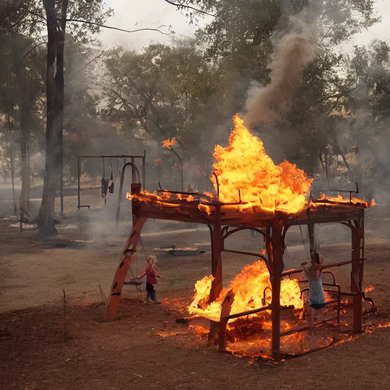 Prompt: gotta swing through the flames like a kid at the playground