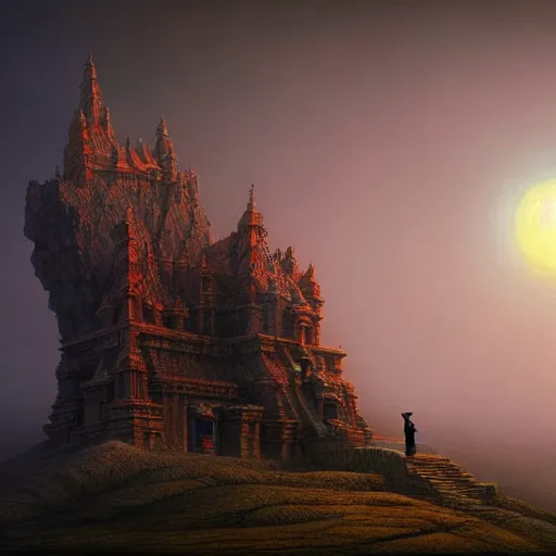 Prompt: A mystical temple, sitting atop a dusty mountaintop, in the style of Keith Thompson and Zdzislaw Beksinski, Artstation HD, 8k, Surrealistic digital artwork,-n 9