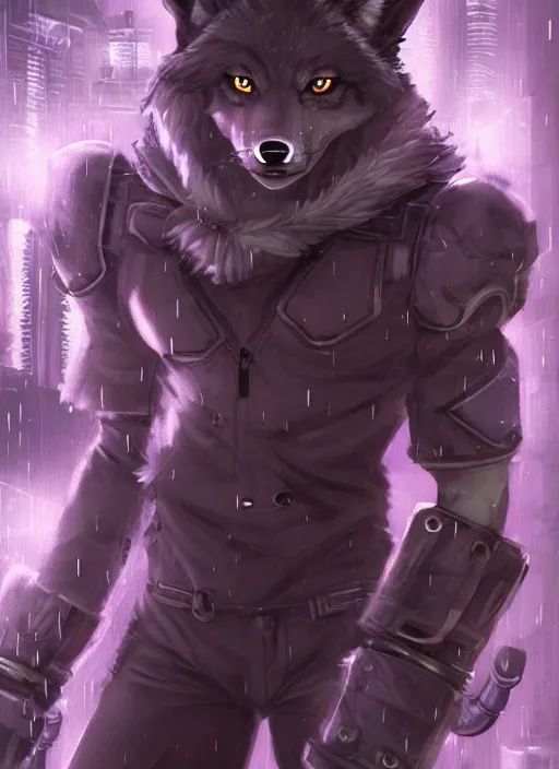 Image similar to character portrait of a male muscular anthro wolf fursona with a tail and a cute beautiful attractive detailed furry face wearing stylish cyberpunk clothes in a cyberpunk city at night while it rains. hidari, color page, tankoban, 4K, tone mapping, Akihiko Yoshida. Nomax, Kenket, Rukis, Falvie.