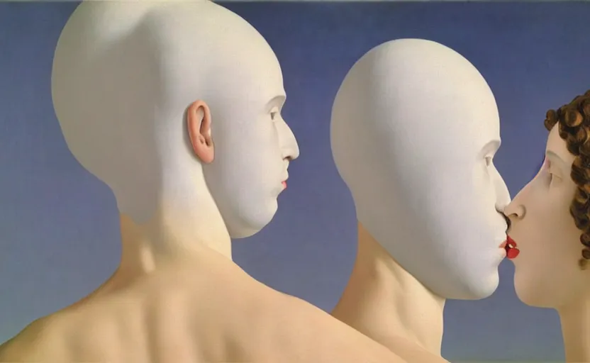 Image similar to the lovers # # white fabric covering heads # # by rene magritte, extremely intricate and detailed 8 k cinematic lighting, hyper realism