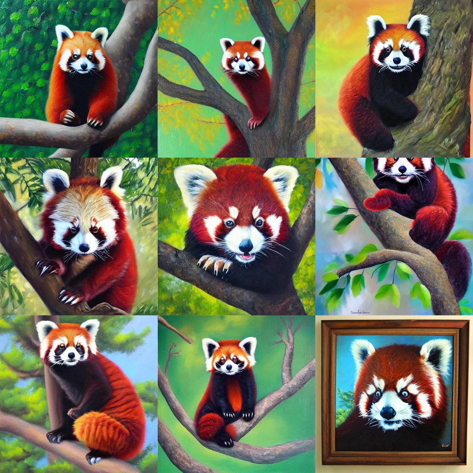 Prompt: “realistic vibrant oil painting of a red panda in a tree, wearing a fedora”