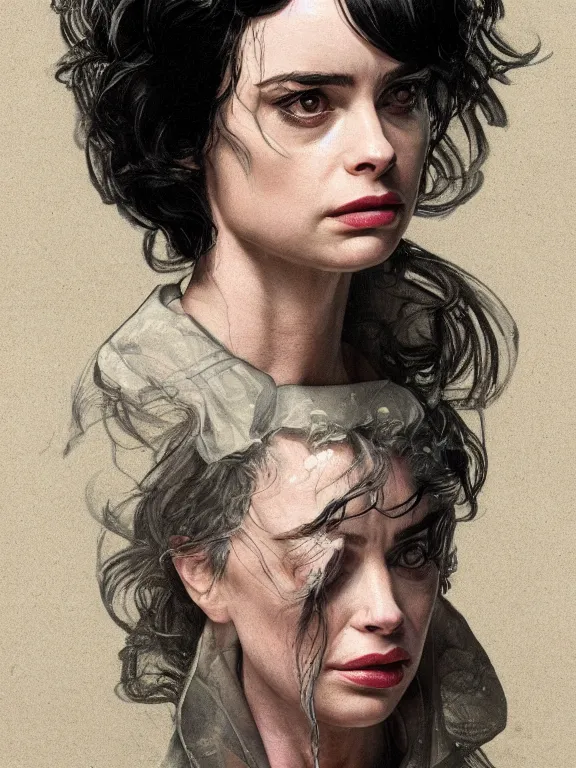 Image similar to old krysten ritter with grey hair as an actor from stranger things, old lady, 1 9 8 0's, intricate, highly detailed, digital painting, artstation, oppressive lighting, fashion concept art, sharp focus, illustration, art by greg rutkowski and alphonse mucha