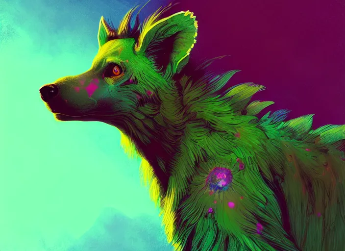 Prompt: A psychedelic Green-headed Coneflower hyena , vibrant color scheme, highly detailed, in the style of romanticism, cinematic, artstation, Moebius, Greg rutkowski
