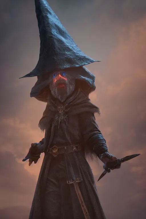 Prompt: highly detailed full body character art of a high fantasy cyclops wizard eyes covered by a pointy mage hat, full body, highly detailed, photo realistic, dark fantasy atmosphere, foggy, 8 k, octane render, unreal engine