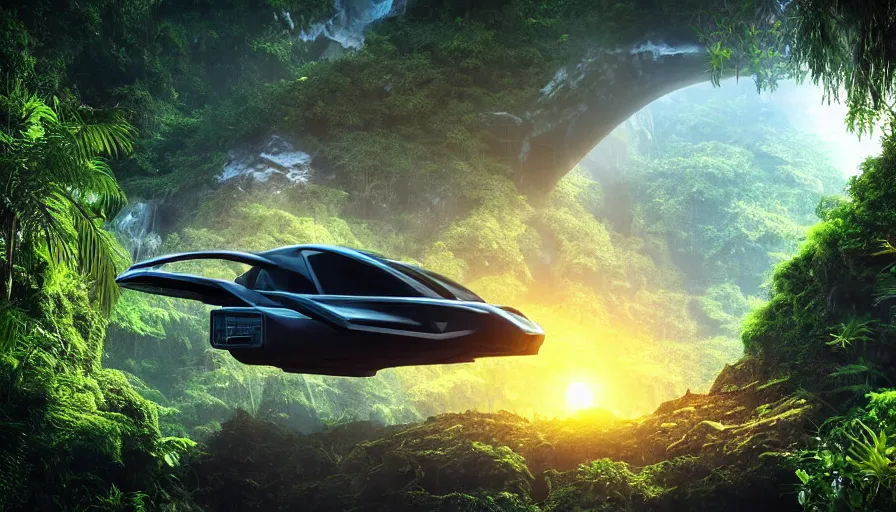 Prompt: a distant futuristic scifi flying car floating in a prehistoric jungle cave, lush flora, waterfall, sunset, hazy, volumetric lighting, rtx on, photorealistic render, great composition, very detailed