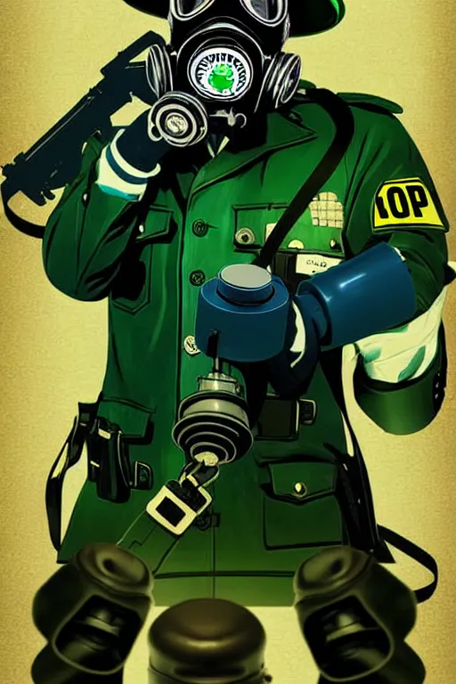 Image similar to cops member departement using gas mask, with blue and green blouse, high member use army hats. digital art, concept art, pop art, bioshock art style, accurate, detailed, gta chinatown art style, dynamic, face features, body features, ultra realistic, smooth, sharp focus, art by richard hamilton and mimmo rottela