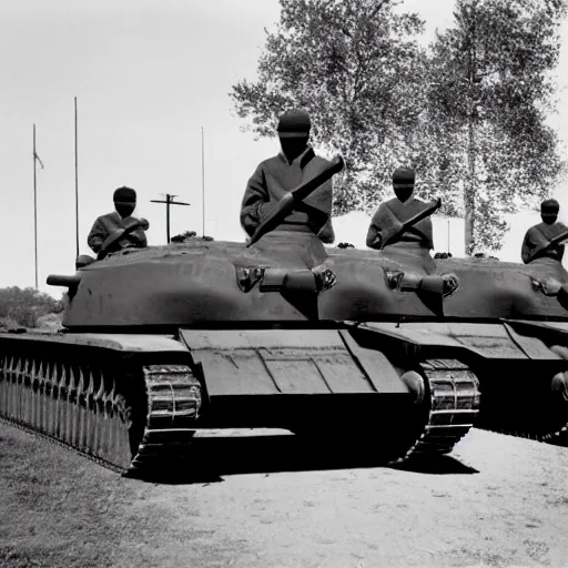 Prompt: a brave guy standing in front of 3 tanks lining up at an avenue