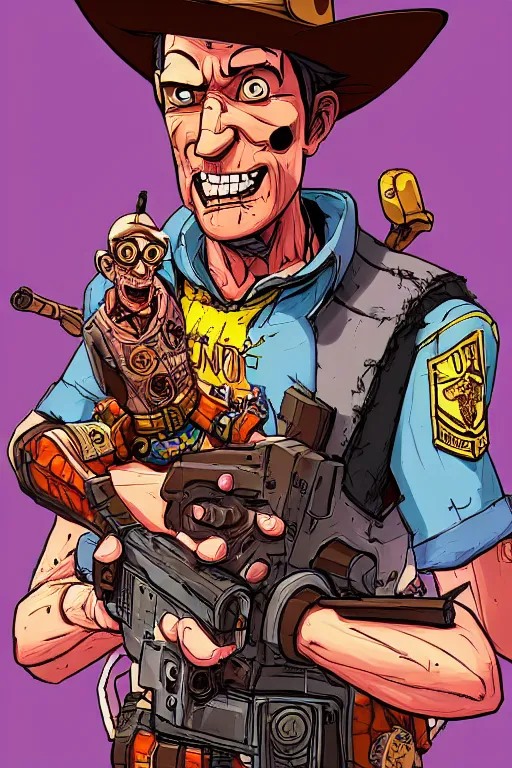 Image similar to a study of cell shaded portrait of Sheriff Woody Pride as a gunman looking as a Borderlands 3 character, llustration, post grunge, concept art by josan gonzales and wlop, by james jean, Victo ngai, David Rubín, Mike Mignola, Laurie Greasley, highly detailed, sharp focus, alien, Trending on Artstation, HQ, deviantart, art by artgem