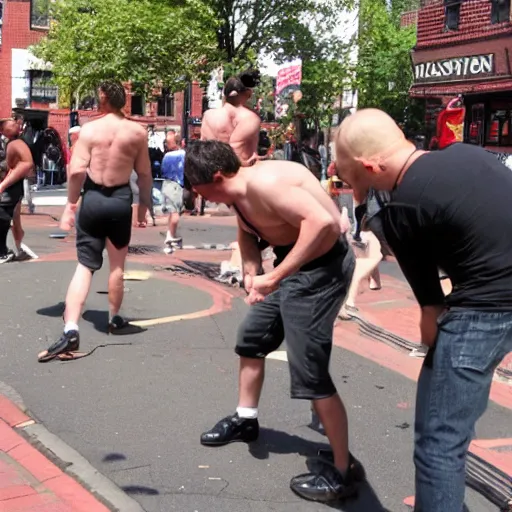 Image similar to guys doing the harvard rub in harvard square,