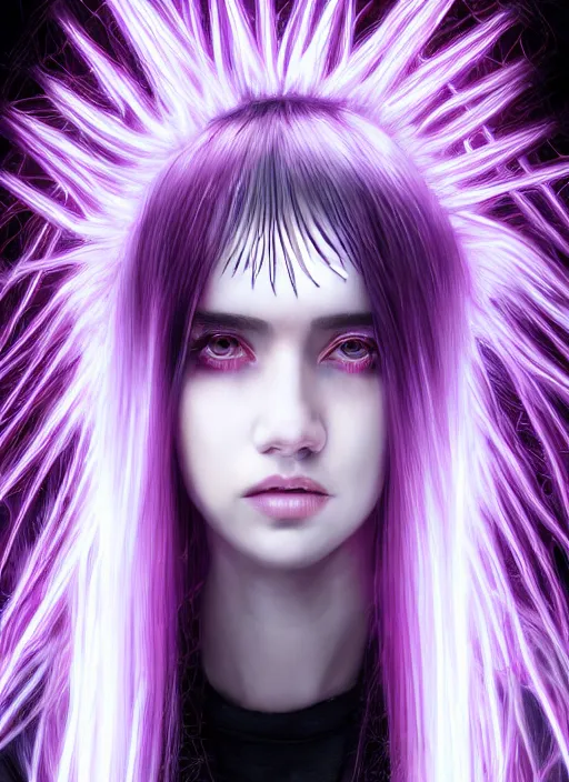 Image similar to hair whitebangs hair, black cyberlox, portrait of teenage girl with white bangs, whitebangsblackhair, messy bangs, cyberlox, whitebangs, red irises, purple clothes, intricate, elegant, glowing lights, highly detailed, digital painting, artstation, concept art, sharp focus, illustration, art by wlop, mars ravelo and greg rutkowski