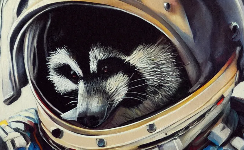 Image similar to oil painting of a racoon in a astronaut suit with helmet, 35mm, photo, Epic, cinematic, highly detailed and intricate