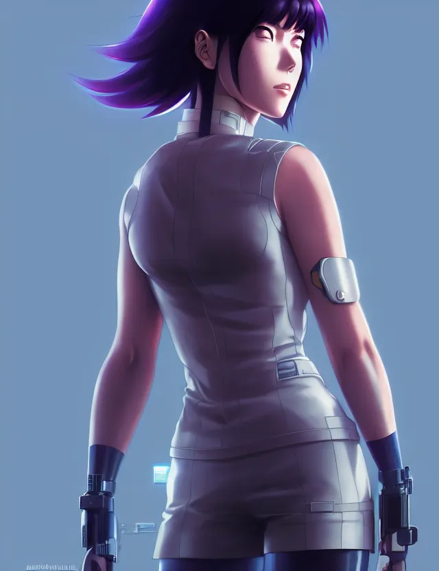 Image similar to a fullbody portrait of motoko kusanagi the major ghost in the shell : : stand alone complex, under repairs, maintenance : : by ilya kuvshinov, rossdraws, artgerm, sola digital arts, anti aliasing, raytracing : :